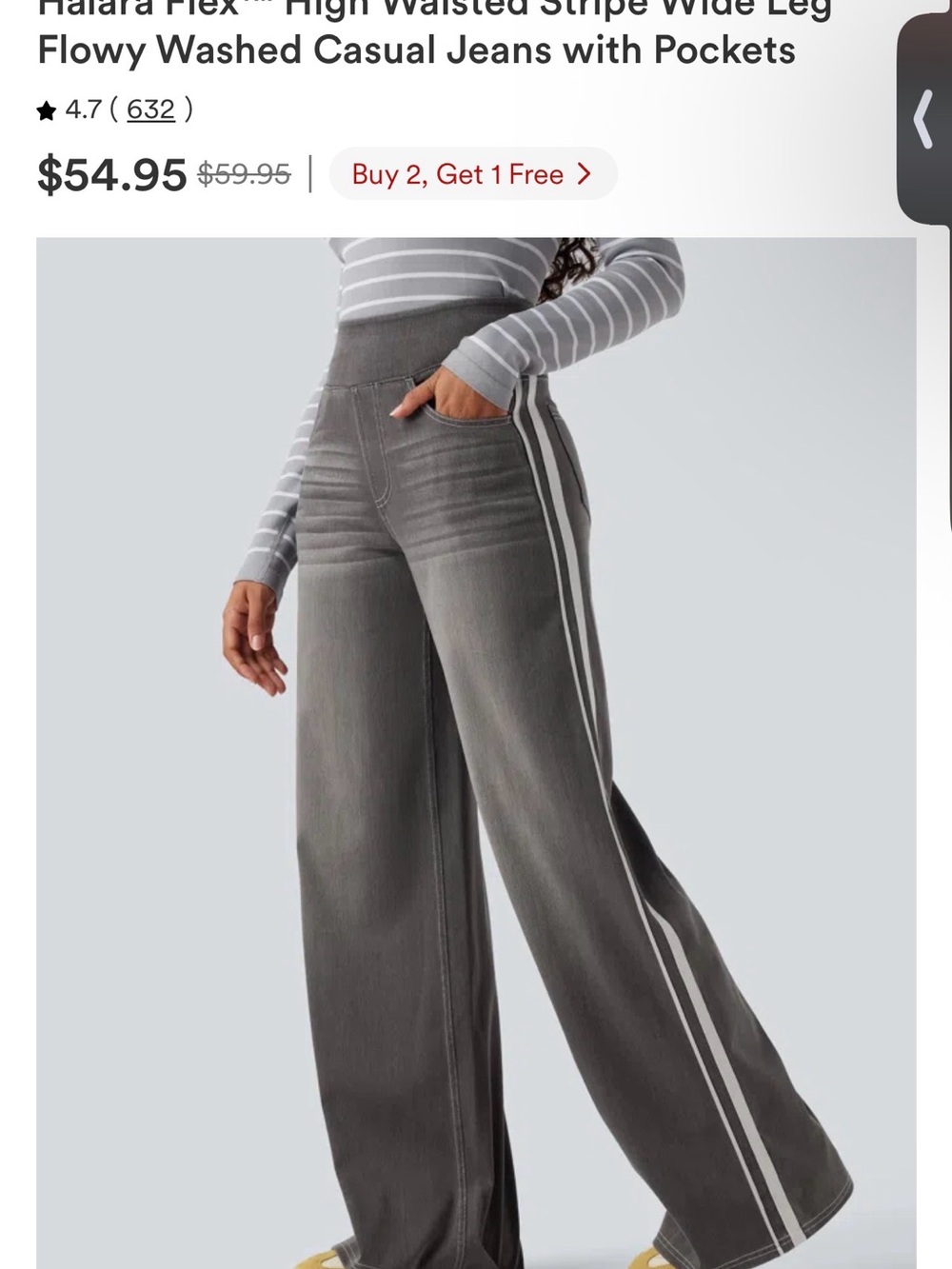 HALARA Gray High-Waisted Wide Leg Pants with White Side Stripes